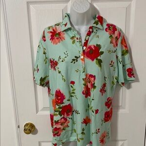 Isaac Mizrahi Green and Coral Floral Polo Shirt